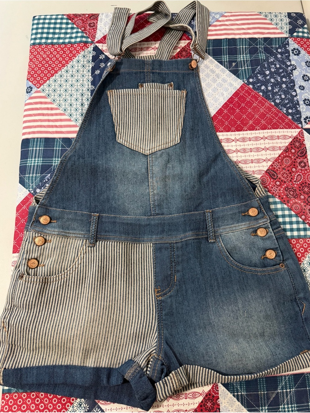American Rag Junior Blue Striped Patchwork Denim Short Overalls
